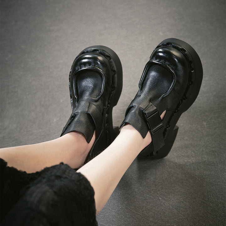 Bottes en cuir à plateforme chunky faites à la main avec sangle à boucle en noir/café