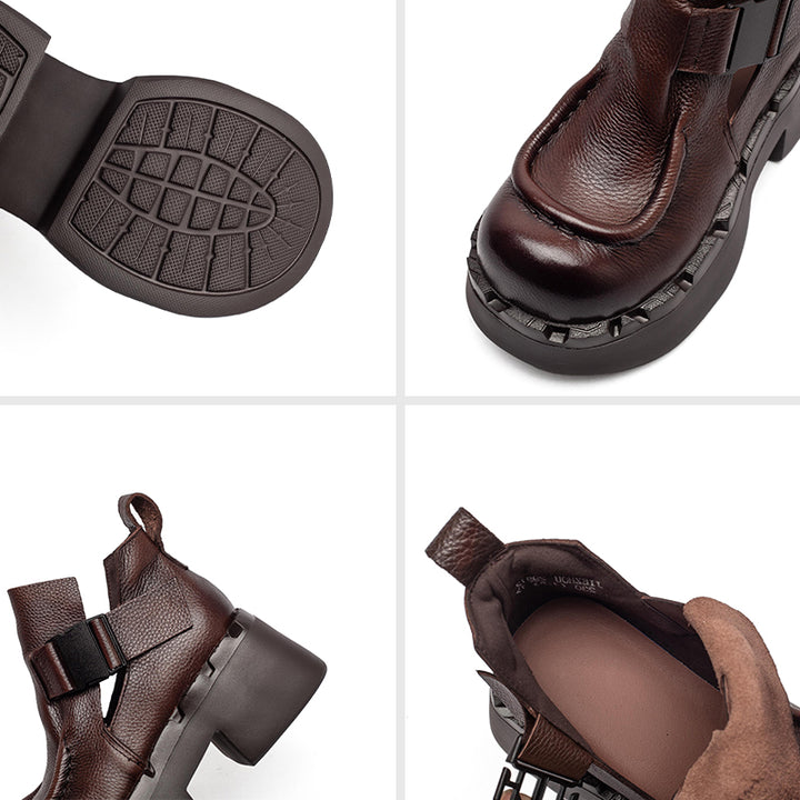 Bottes en cuir à plateforme chunky faites à la main avec sangle à boucle en noir/café