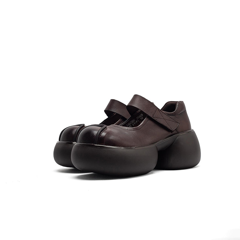 Escarpins Mary Jane à plateforme rétro en cuir chunky avec bande velcro pour femmes en noir/café