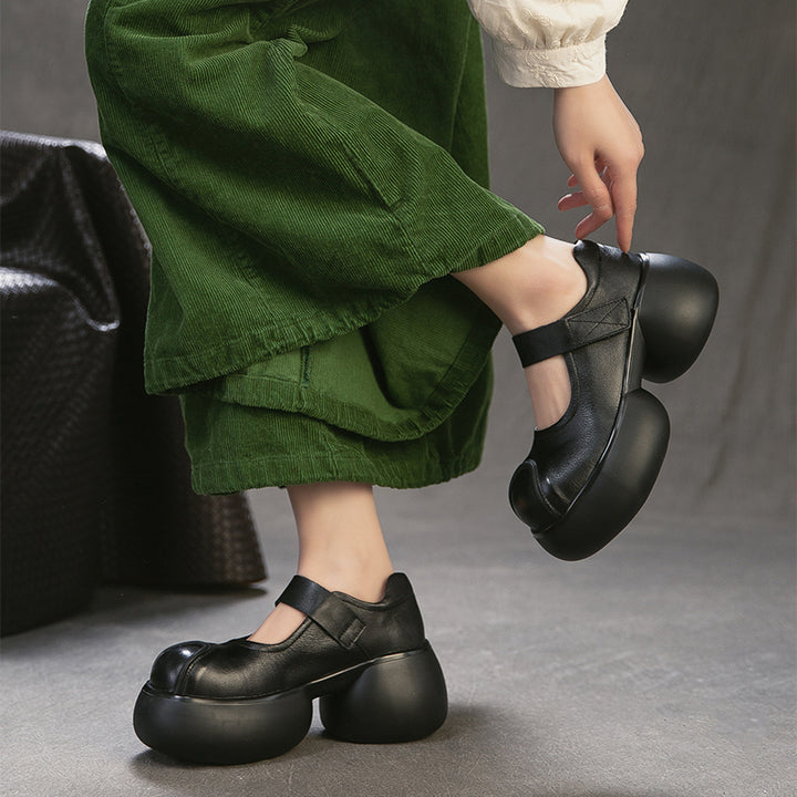 Escarpins Mary Jane à plateforme rétro en cuir chunky avec bande velcro pour femmes en noir/café