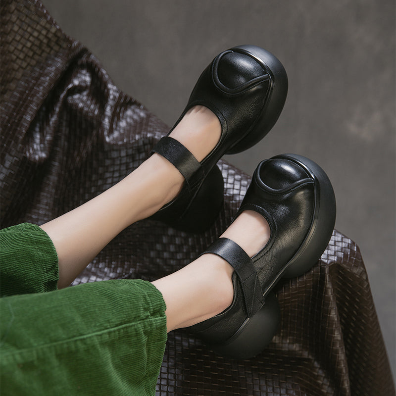 Escarpins Mary Jane à plateforme rétro en cuir chunky avec bande velcro pour femmes en noir/café