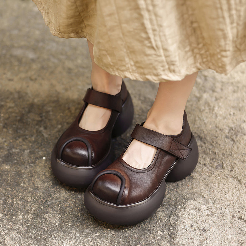 Escarpins Mary Jane à plateforme rétro en cuir chunky avec bande velcro pour femmes en noir/café