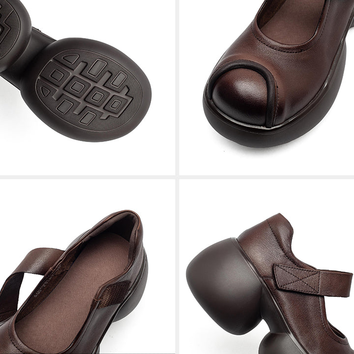 Escarpins Mary Jane à plateforme rétro en cuir chunky avec bande velcro pour femmes en noir/café