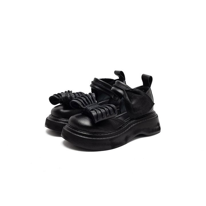 Vintage Bow Mary Jane Platform Sandals Velcro Cow Leather 55mm Chunky Shoes in Black/Brown/Green