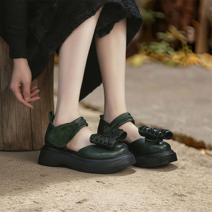 Vintage Bow Mary Jane Platform Sandals Velcro Cow Leather 55mm Chunky Shoes in Black/Brown/Green