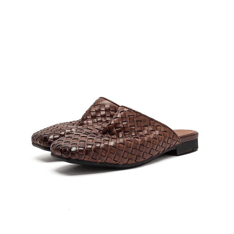 Woven Leather Mule Loafers for Women Square Toe Handmade Vintage Braided Slides in Khaki/Brown