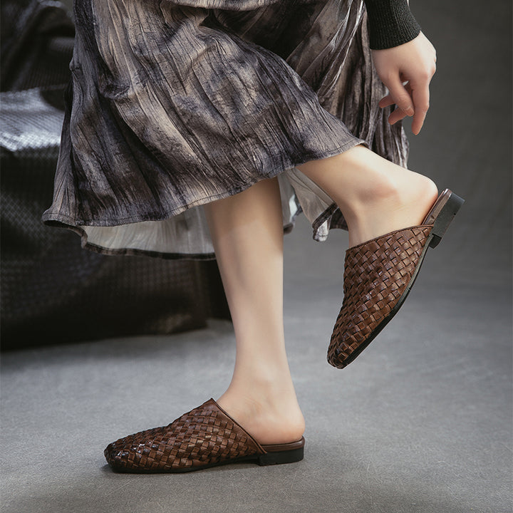 Woven Leather Mule Loafers for Women Square Toe Handmade Vintage Braided Slides in Khaki/Brown