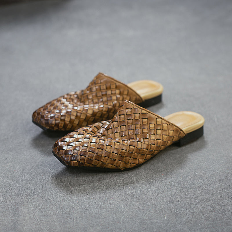 Woven Leather Mule Loafers for Women Square Toe Handmade Vintage Braided Slides in Khaki/Brown