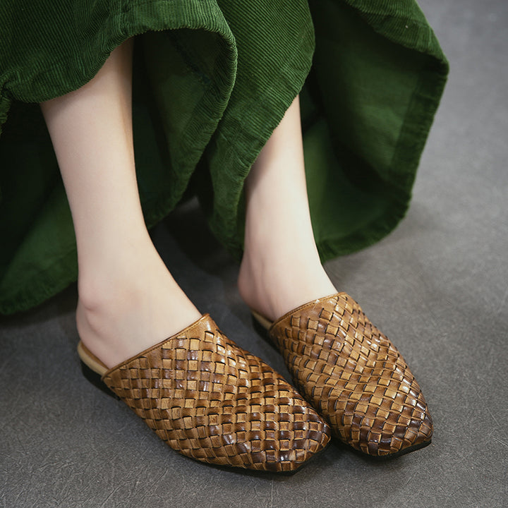 Woven Leather Mule Loafers for Women Square Toe Handmade Vintage Braided Slides in Khaki/Brown