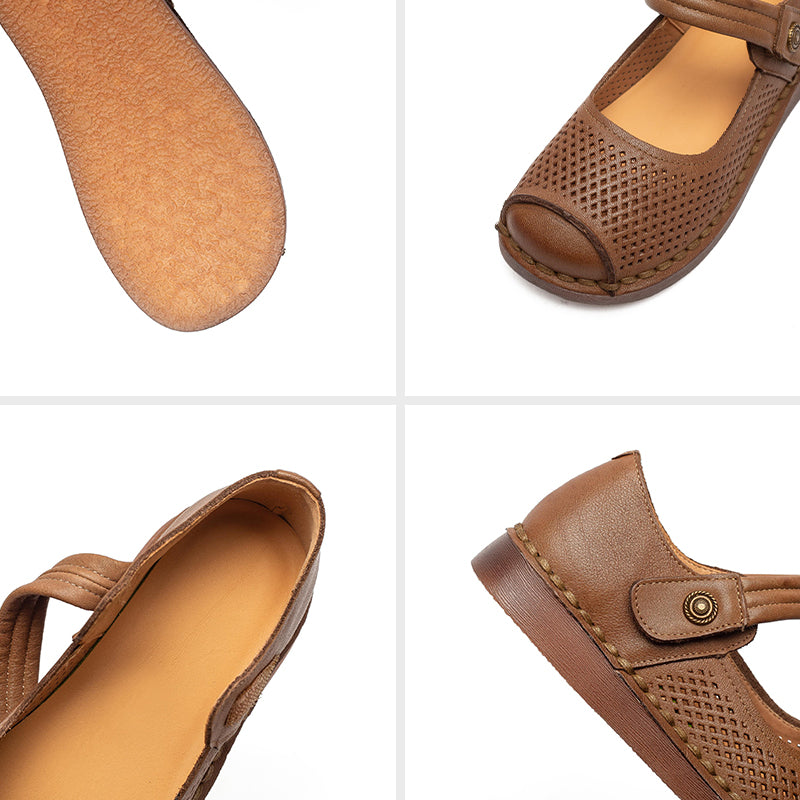 Ballerines Mary Jane en cuir perforé pour femmes, chaussures rétro en Velcro faites à la main en marron foncé/chameau