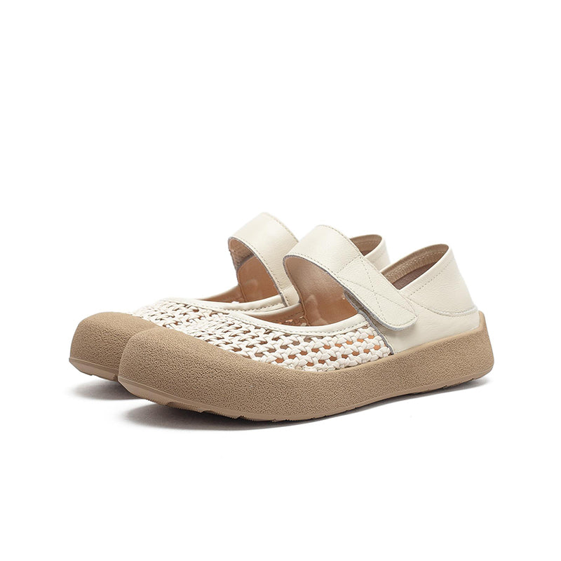 Ballerines Mary Jane en cuir découpées rétro, chaussures décontractées à bout rond en marron/beige