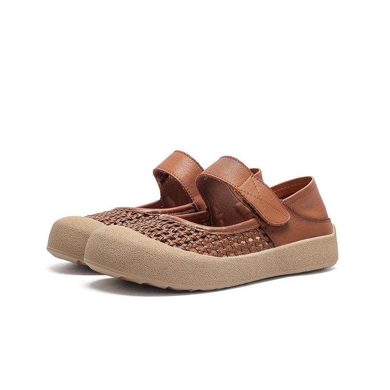 Ballerines Mary Jane en cuir découpées rétro, chaussures décontractées à bout rond en marron/beige