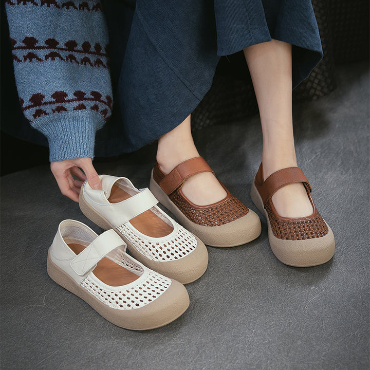 Ballerines Mary Jane en cuir découpées rétro, chaussures décontractées à bout rond en marron/beige