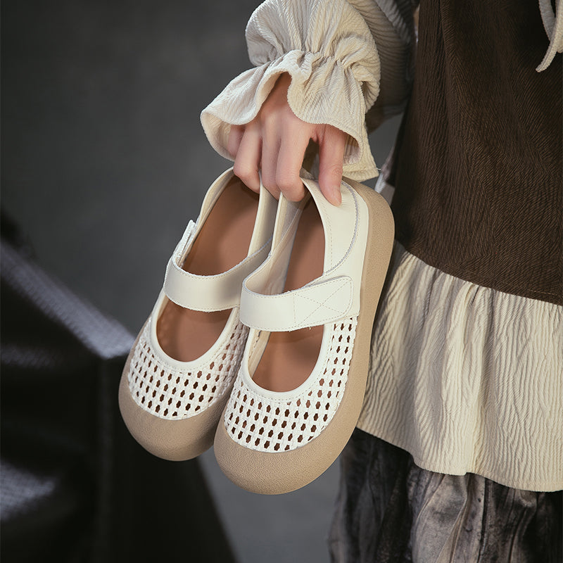 Ballerines Mary Jane en cuir découpées rétro, chaussures décontractées à bout rond en marron/beige