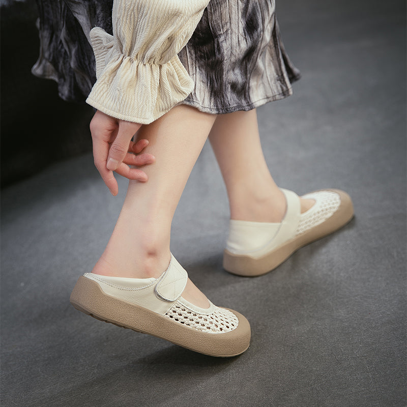 Ballerines Mary Jane en cuir découpées rétro, chaussures décontractées à bout rond en marron/beige