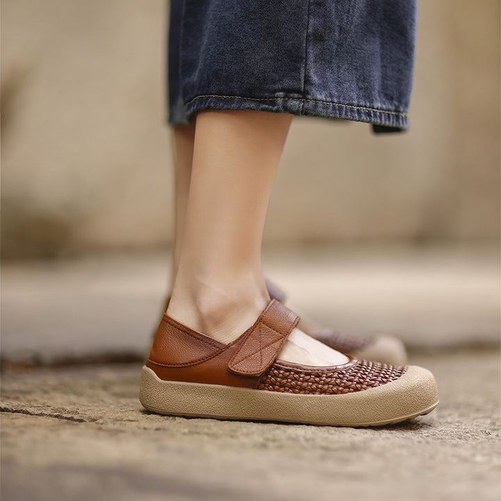 Ballerines Mary Jane en cuir découpées rétro, chaussures décontractées à bout rond en marron/beige