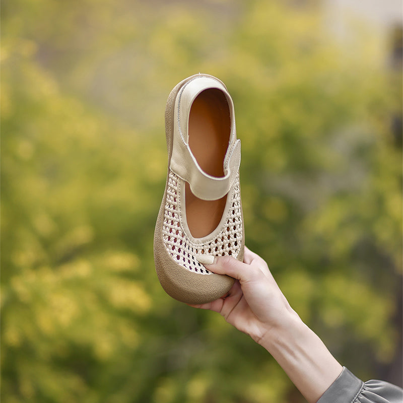 Ballerines Mary Jane en cuir découpées rétro, chaussures décontractées à bout rond en marron/beige