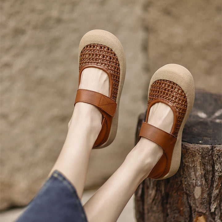 Ballerines Mary Jane en cuir découpées rétro, chaussures décontractées à bout rond en marron/beige