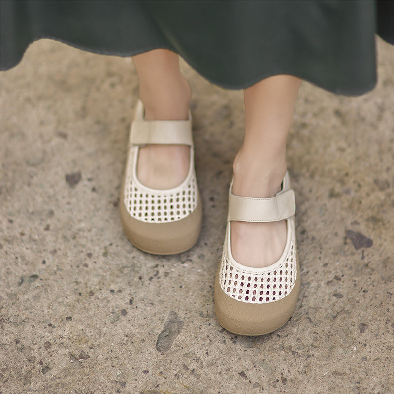 Ballerines Mary Jane en cuir découpées rétro, chaussures décontractées à bout rond en marron/beige