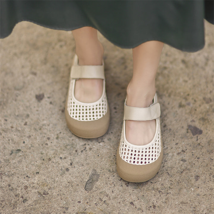 Ballerines Mary Jane en cuir découpées rétro, chaussures décontractées à bout rond en marron/beige