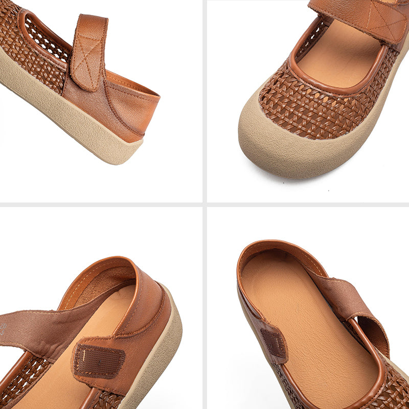 Ballerines Mary Jane en cuir découpées rétro, chaussures décontractées à bout rond en marron/beige