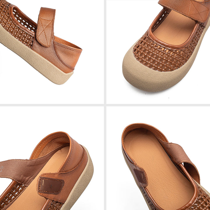 Ballerines Mary Jane en cuir découpées rétro, chaussures décontractées à bout rond en marron/beige
