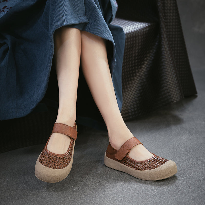 Ballerines Mary Jane en cuir découpées rétro, chaussures décontractées à bout rond en marron/beige