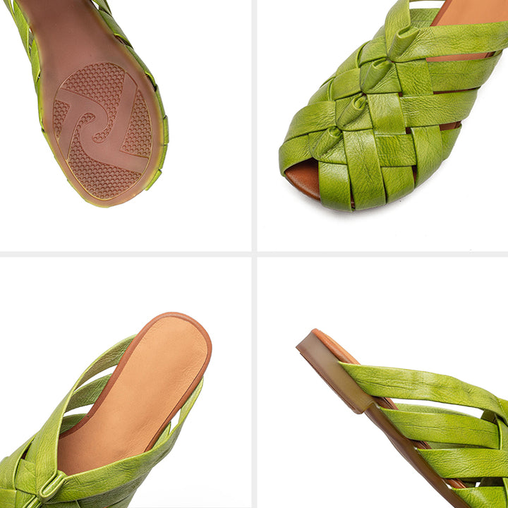 Mules en cuir tressé pour femmes, sandales plates à bout ouvert faites à la main en vert/beige