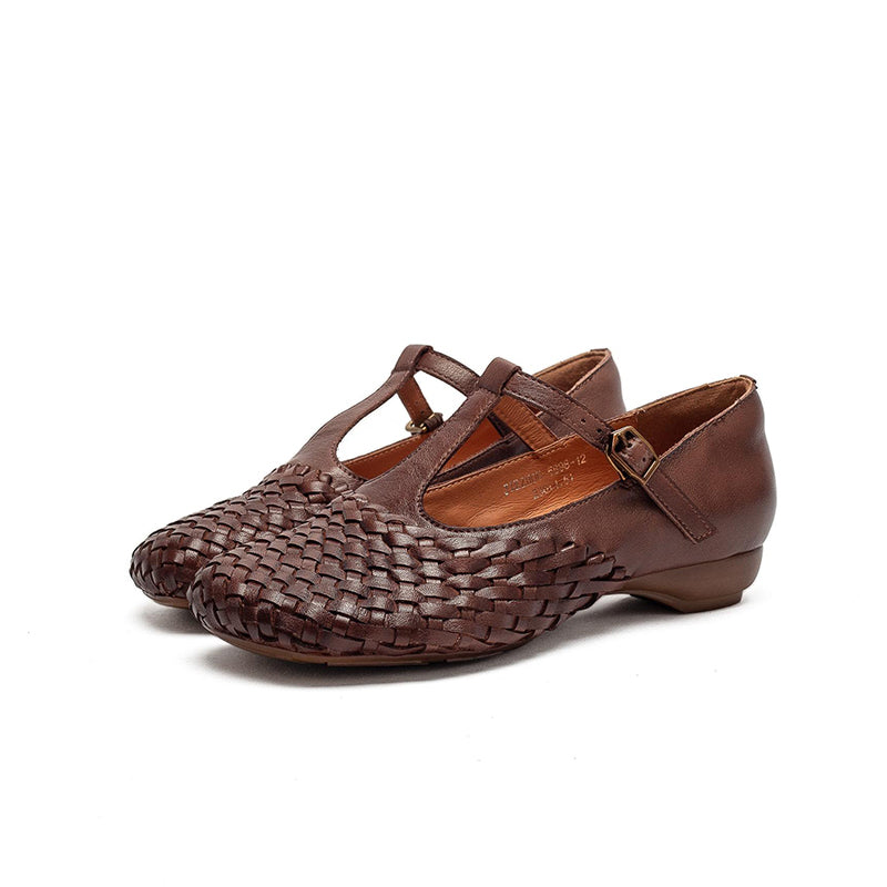Woven Leather Mary Jane Shoes for Women Retro T-Strap Handmade Flats in Grey/Coffee