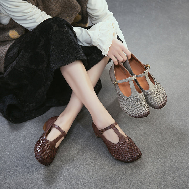Woven Leather Mary Jane Shoes for Women Retro T-Strap Handmade Flats in Grey/Coffee