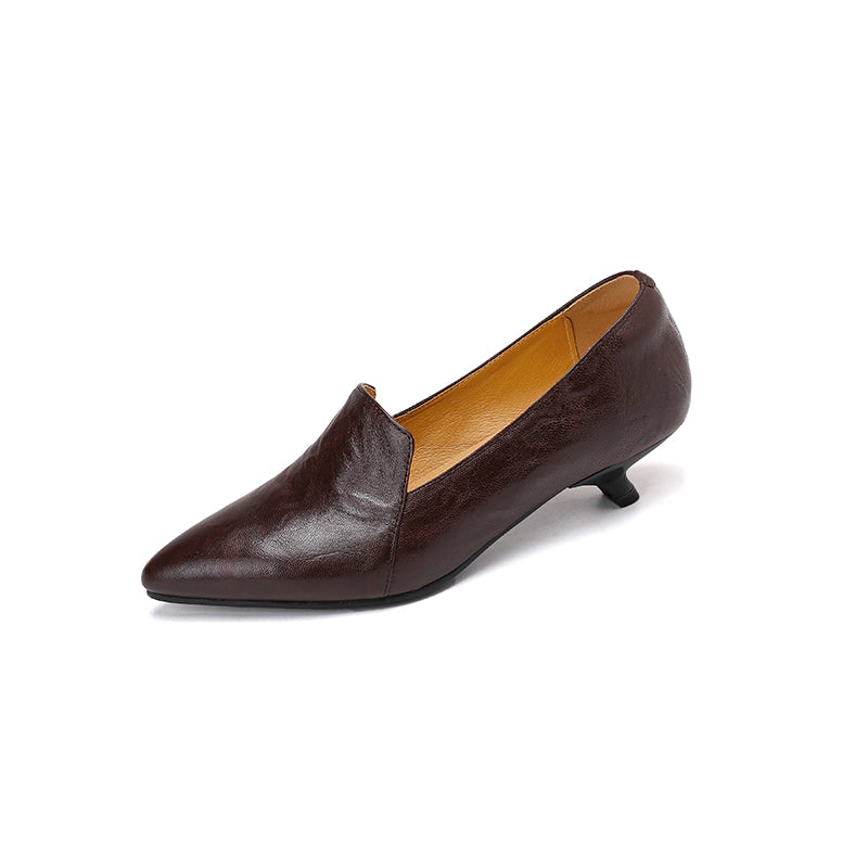 Escarpins à talon kitten pointu en cuir de mouton, chaussures de bureau à enfiler en noir/marron