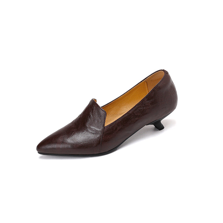 Escarpins à talon kitten pointu en cuir de mouton, chaussures de bureau à enfiler en noir/marron