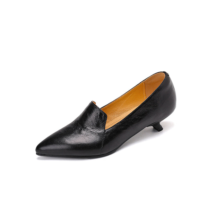 Escarpins à talon kitten pointu en cuir de mouton, chaussures de bureau à enfiler en noir/marron