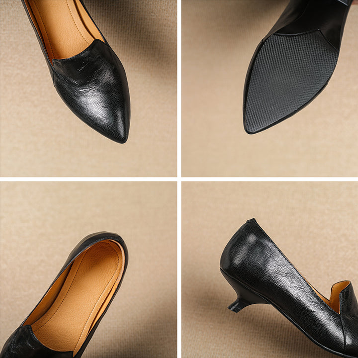 Escarpins à talon kitten pointu en cuir de mouton, chaussures de bureau à enfiler en noir/marron