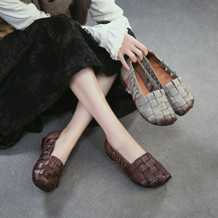 Ballerines à bout carré en cuir tressé pour femmes, mocassins en cuir pleine fleur faits à la main en gris/café