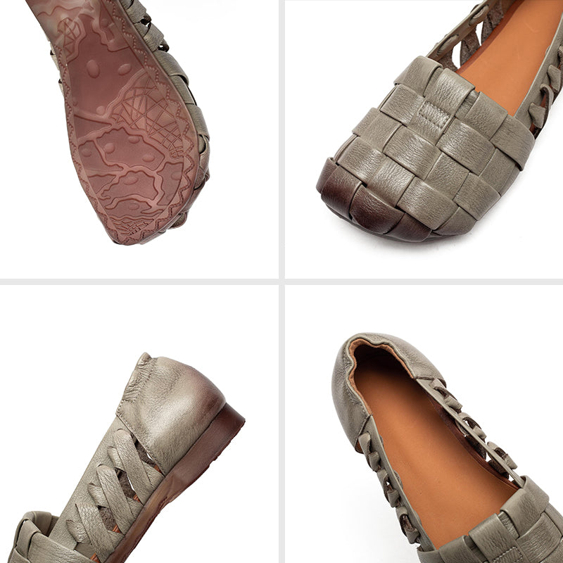 Ballerines à bout carré en cuir tressé pour femmes, mocassins en cuir pleine fleur faits à la main en gris/café