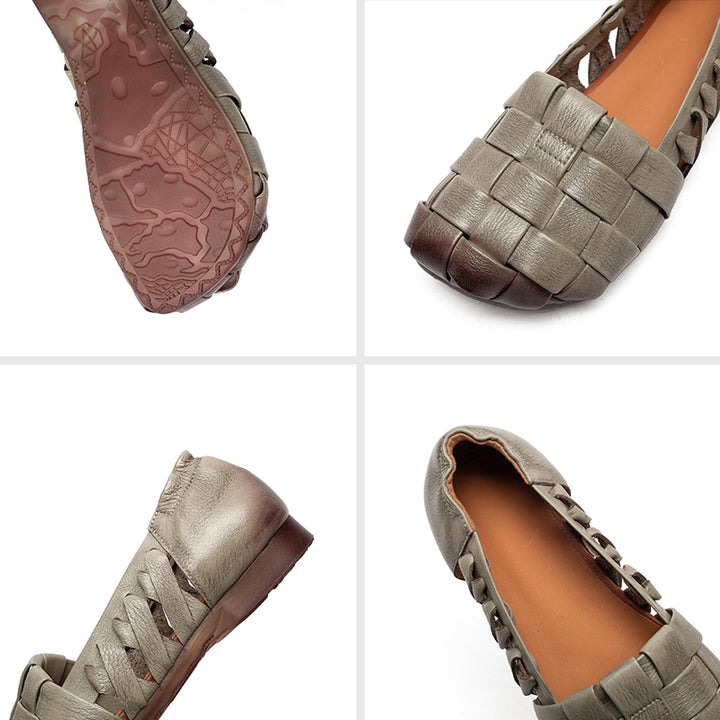 Ballerines à bout carré en cuir tressé pour femmes, mocassins en cuir pleine fleur faits à la main en gris/café