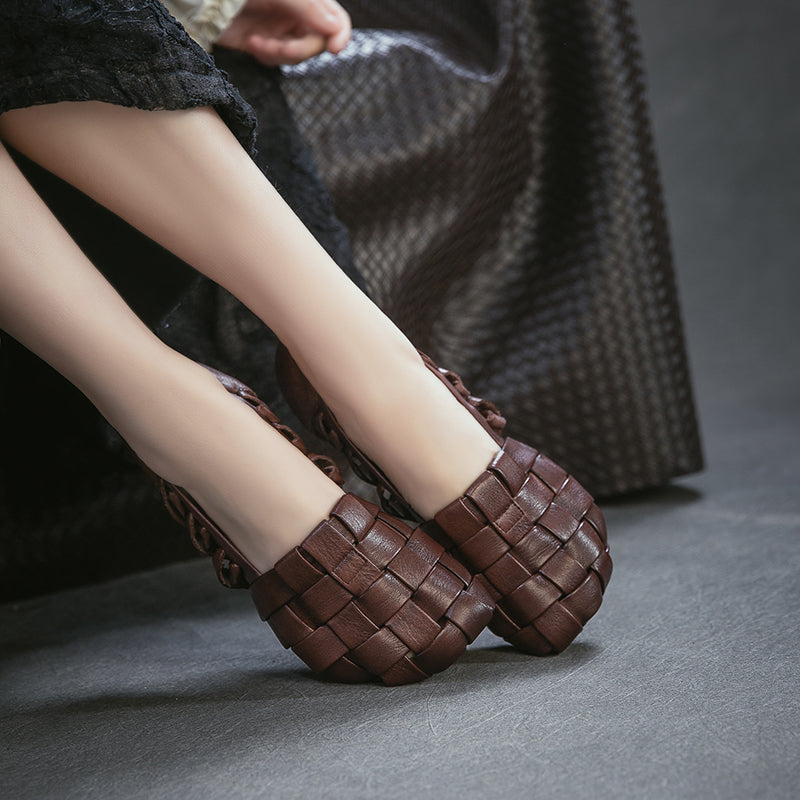 Ballerines à bout carré en cuir tressé pour femmes, mocassins en cuir pleine fleur faits à la main en gris/café