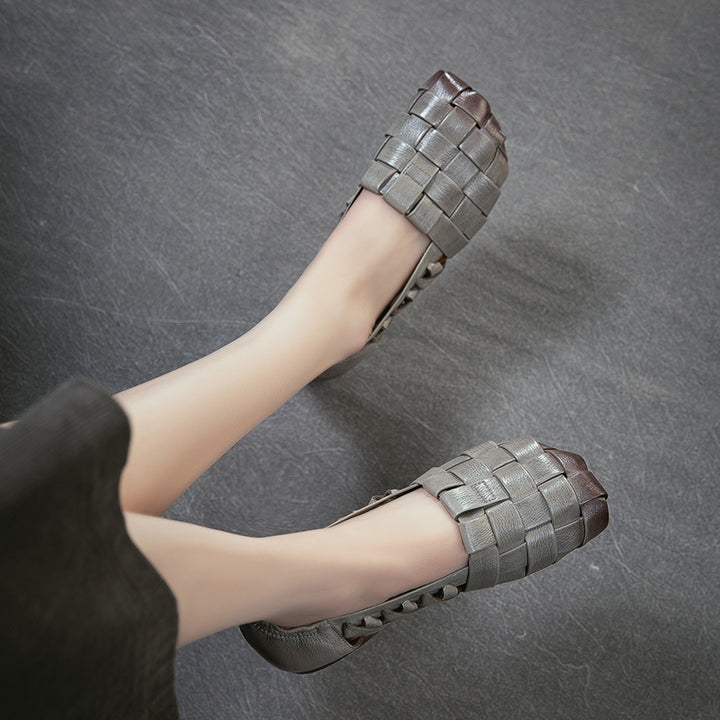Ballerines à bout carré en cuir tressé pour femmes, mocassins en cuir pleine fleur faits à la main en gris/café