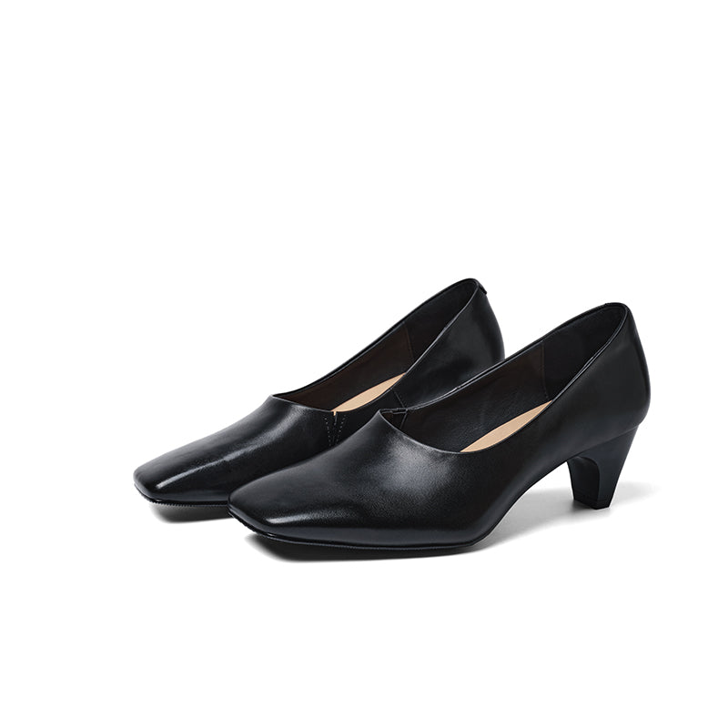 Escarpins classiques à bout carré, chaussures de bureau à talon bloc de 55 mm faites à la main en noir