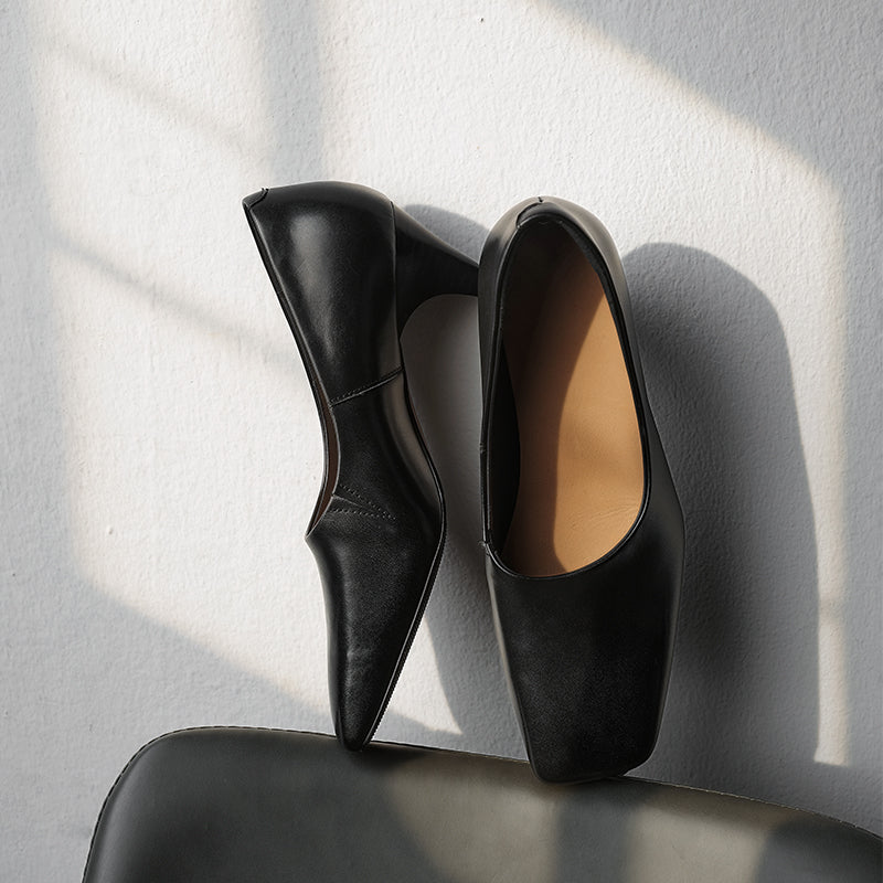 Escarpins classiques à bout carré, chaussures de bureau à talon bloc de 55 mm faites à la main en noir