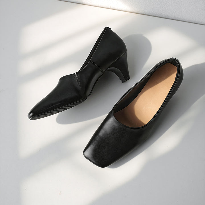 Escarpins classiques à bout carré, chaussures de bureau à talon bloc de 55 mm faites à la main en noir