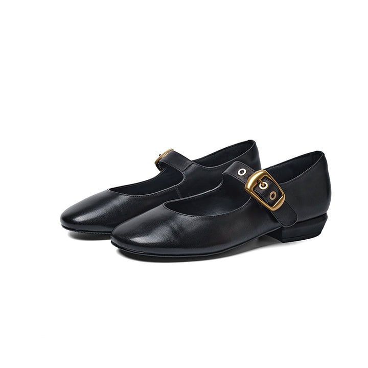 Chaussures Mary Jane à boucle en cuir de vachette faites à la main en noir/rouge vin