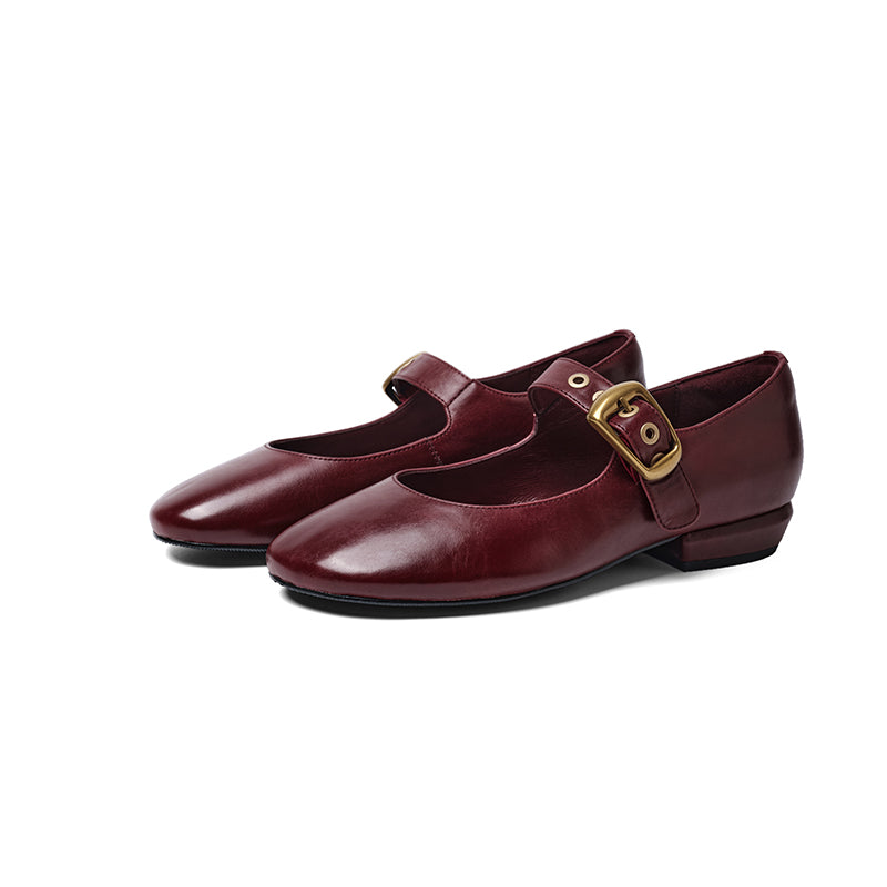 Chaussures Mary Jane à boucle en cuir de vachette faites à la main en noir/rouge vin
