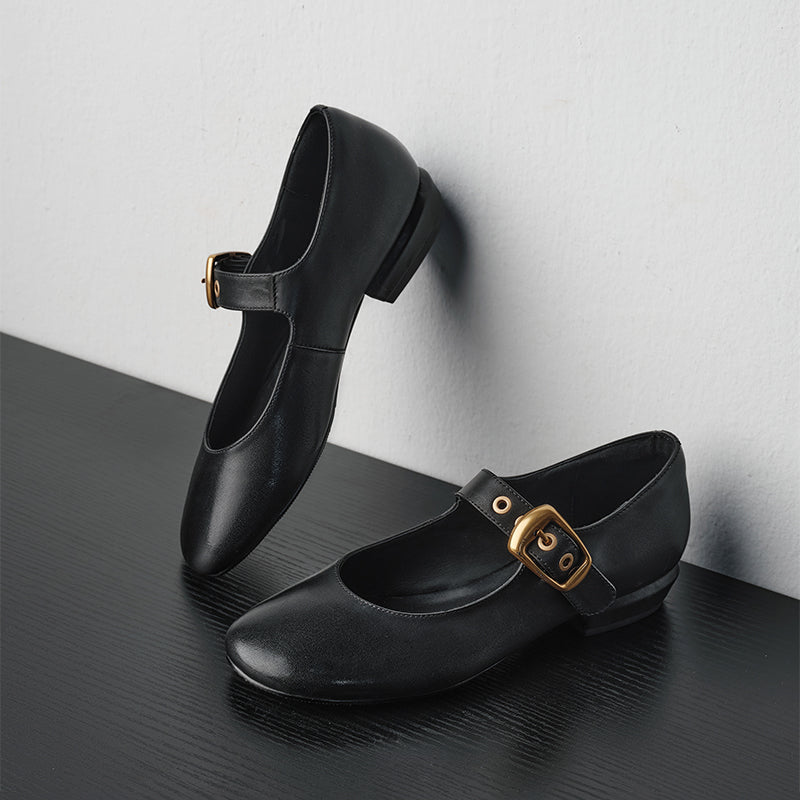 Chaussures Mary Jane à boucle en cuir de vachette faites à la main en noir/rouge vin