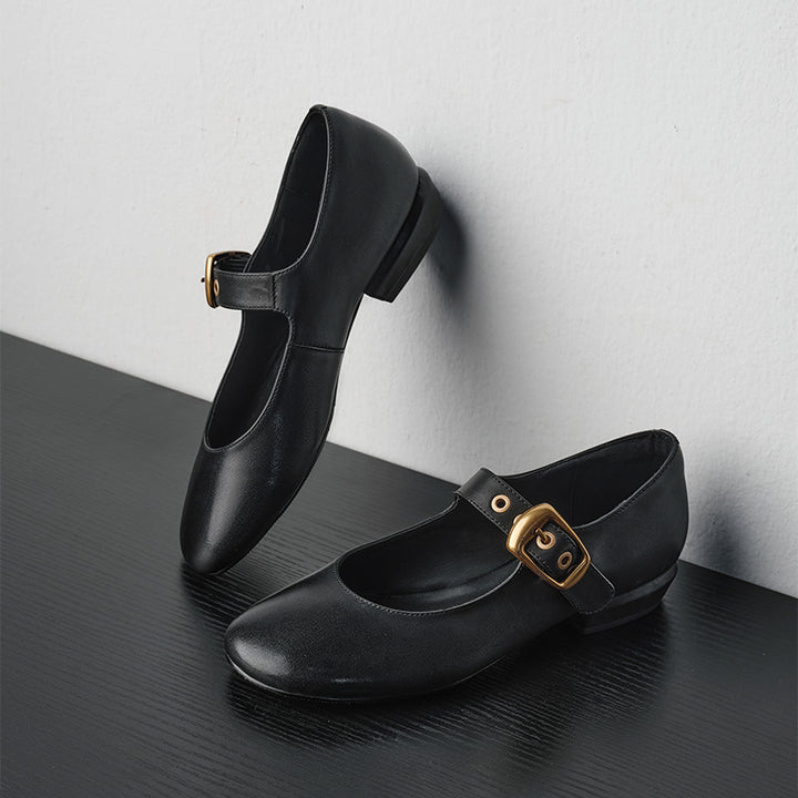Chaussures Mary Jane à boucle en cuir de vachette faites à la main en noir/rouge vin