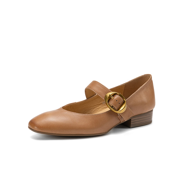 Chaussures Mary Jane à boucle en cuir faites à la main en noir/abricot