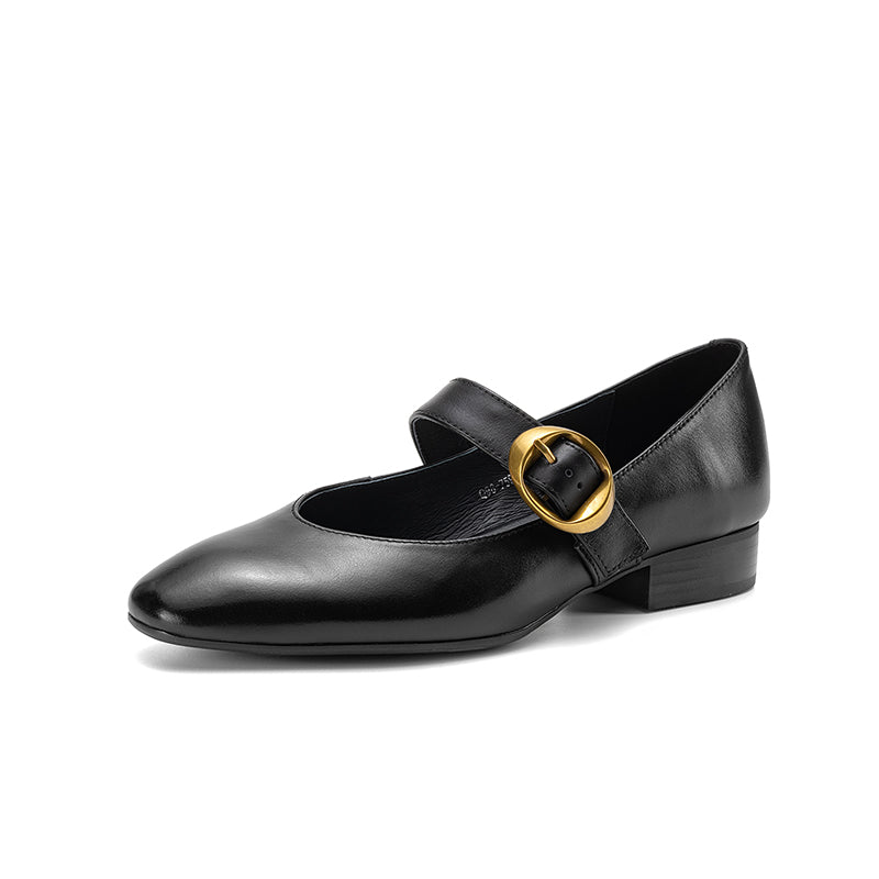 Chaussures Mary Jane à boucle en cuir faites à la main en noir/abricot
