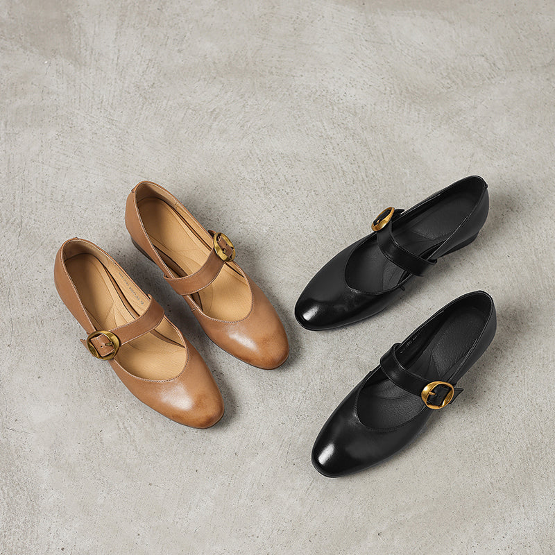 Chaussures Mary Jane à boucle en cuir faites à la main en noir/abricot