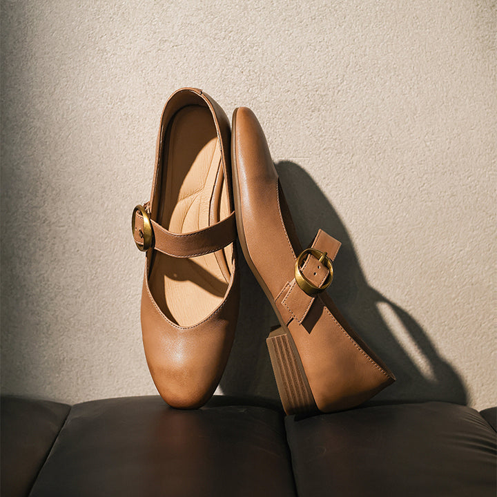 Chaussures Mary Jane à boucle en cuir faites à la main en noir/abricot